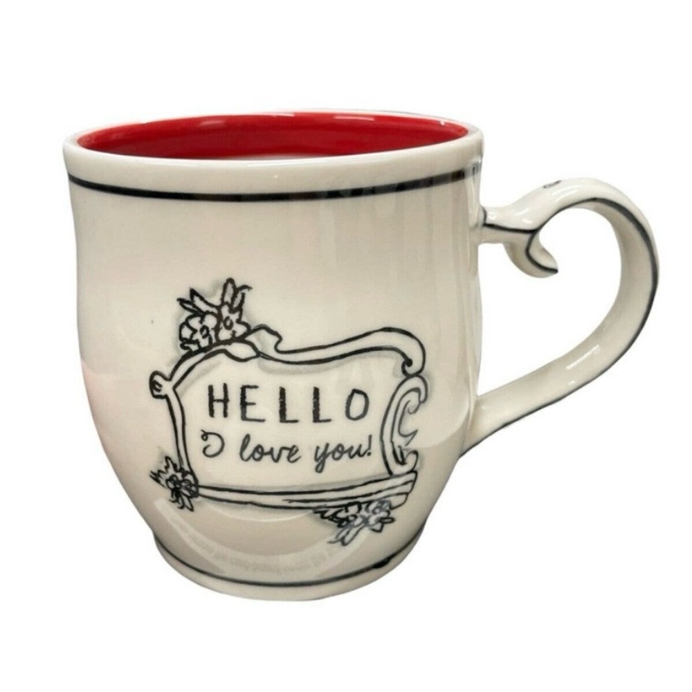 Katie Mandy Anthropologie HELLO I Love You Coffee Cup Mug 14 oz Red White